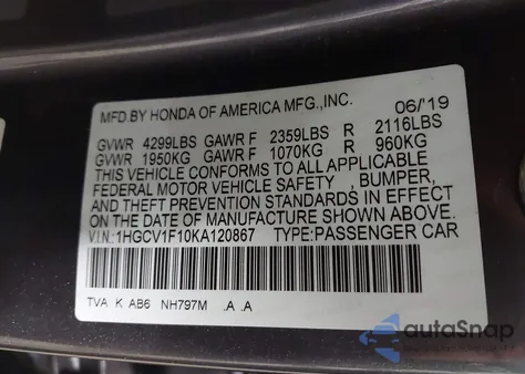 2019 Honda Accord Lx из США, поврежденный, VIN 1HGCV1F10KA120867